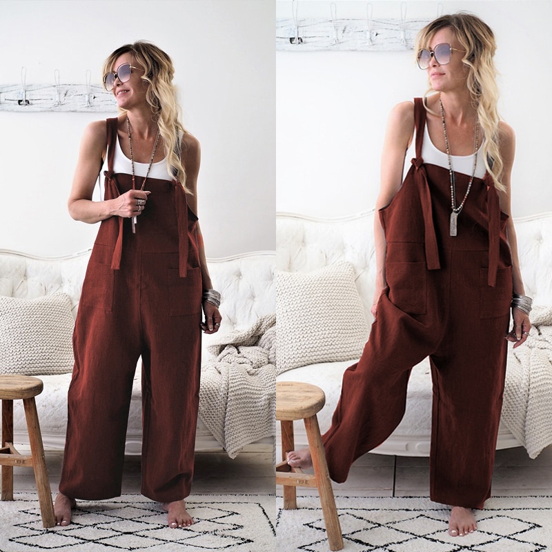 Rompers 2020 New Brand Women Casual Loose Cotton Linen Solid Pockets Jumpsuit Overalls Wide Leg Cropped Pants hot