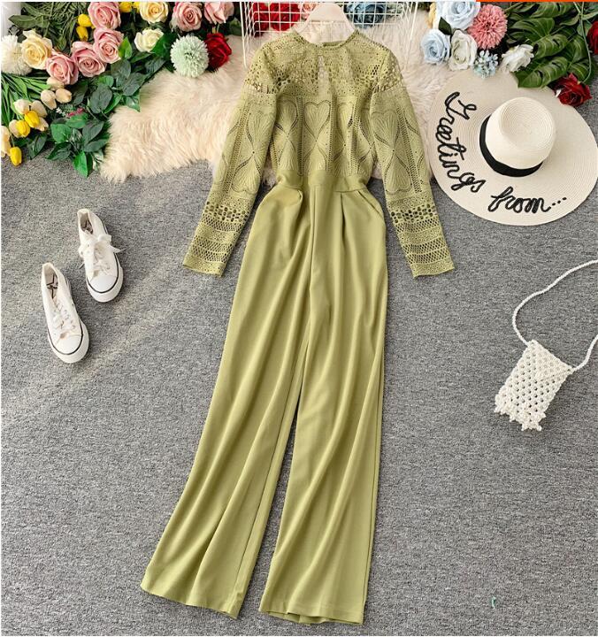 Spring Summer Jumpsuit Lace Overalls for Women Korean Vintage Elegant Straight Full Length Pants Rompers Womens Jumpsuit ZT5291