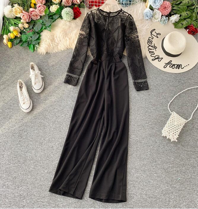 Spring Summer Jumpsuit Lace Overalls for Women Korean Vintage Elegant Straight Full Length Pants Rompers Womens Jumpsuit ZT5291