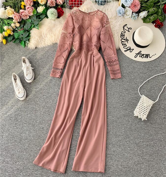 Spring Summer Jumpsuit Lace Overalls for Women Korean Vintage Elegant Straight Full Length Pants Rompers Womens Jumpsuit ZT5291