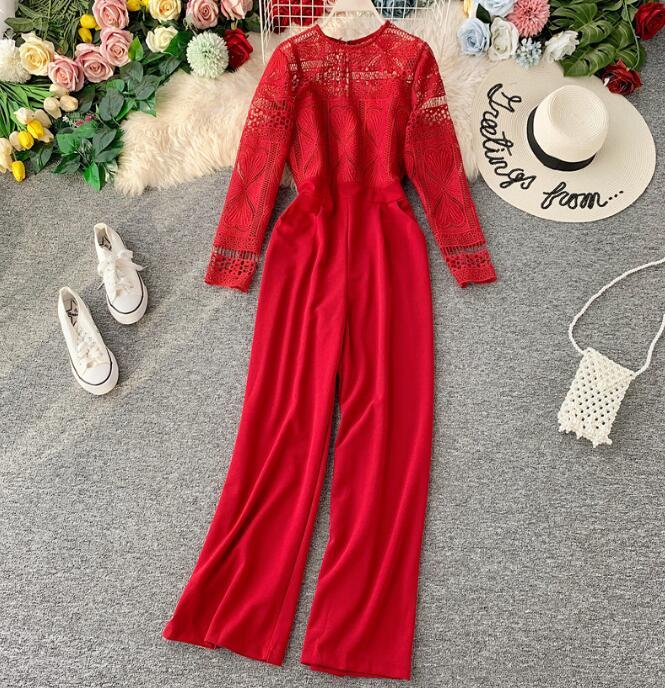 Spring Summer Jumpsuit Lace Overalls for Women Korean Vintage Elegant Straight Full Length Pants Rompers Womens Jumpsuit ZT5291