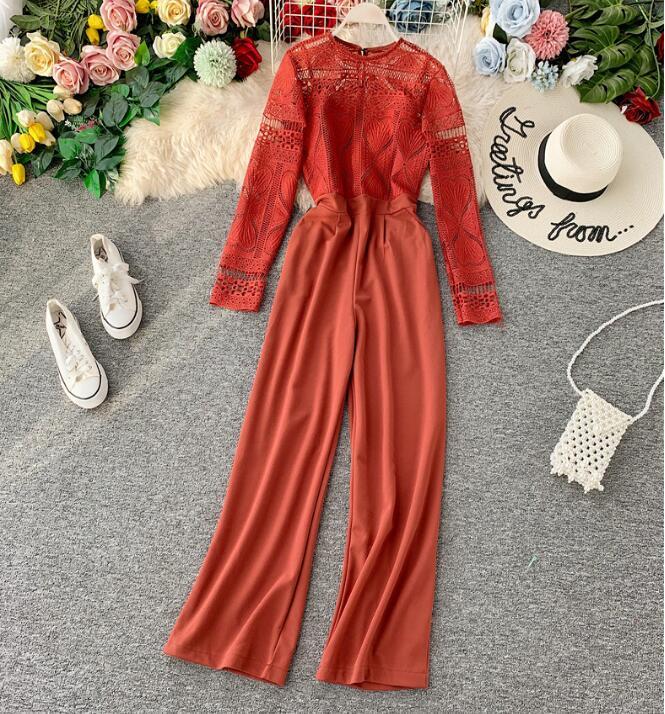 Spring Summer Jumpsuit Lace Overalls for Women Korean Vintage Elegant Straight Full Length Pants Rompers Womens Jumpsuit ZT5291