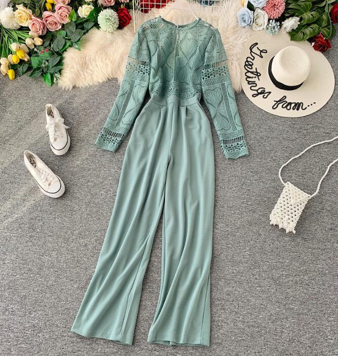 Spring Summer Jumpsuit Lace Overalls for Women Korean Vintage Elegant Straight Full Length Pants Rompers Womens Jumpsuit ZT5291