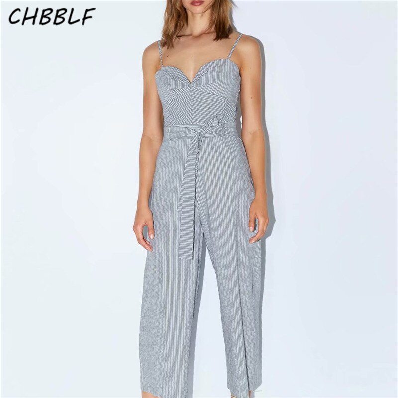 CHBBLF women V neck jumpsuits bow tie sashes back zipper sleeveless female casual striped overalls playsuits XDN8892