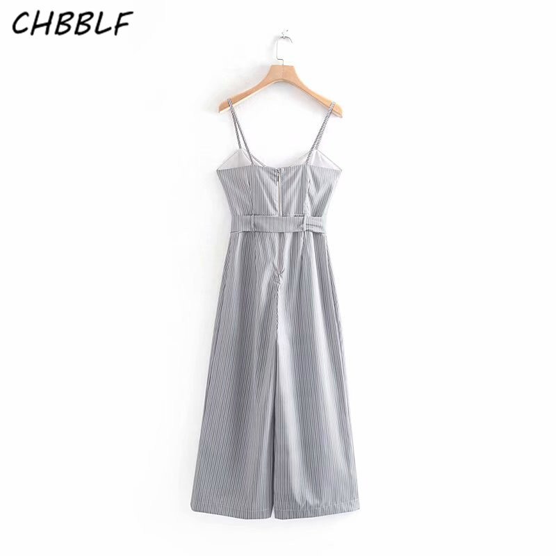 CHBBLF women V neck jumpsuits bow tie sashes back zipper sleeveless female casual striped overalls playsuits XDN8892