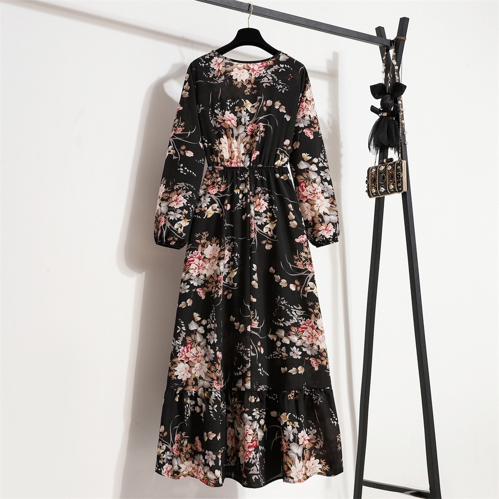 Women Floral Printed Maxi Dresses Spring Summer Casual O Neck Full Sleeve High Waist A Line Boho Beach Party Long Dress Vestidos