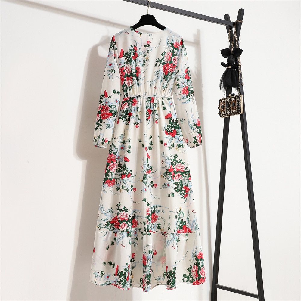 Women Floral Printed Maxi Dresses Spring Summer Casual O Neck Full Sleeve High Waist A Line Boho Beach Party Long Dress Vestidos