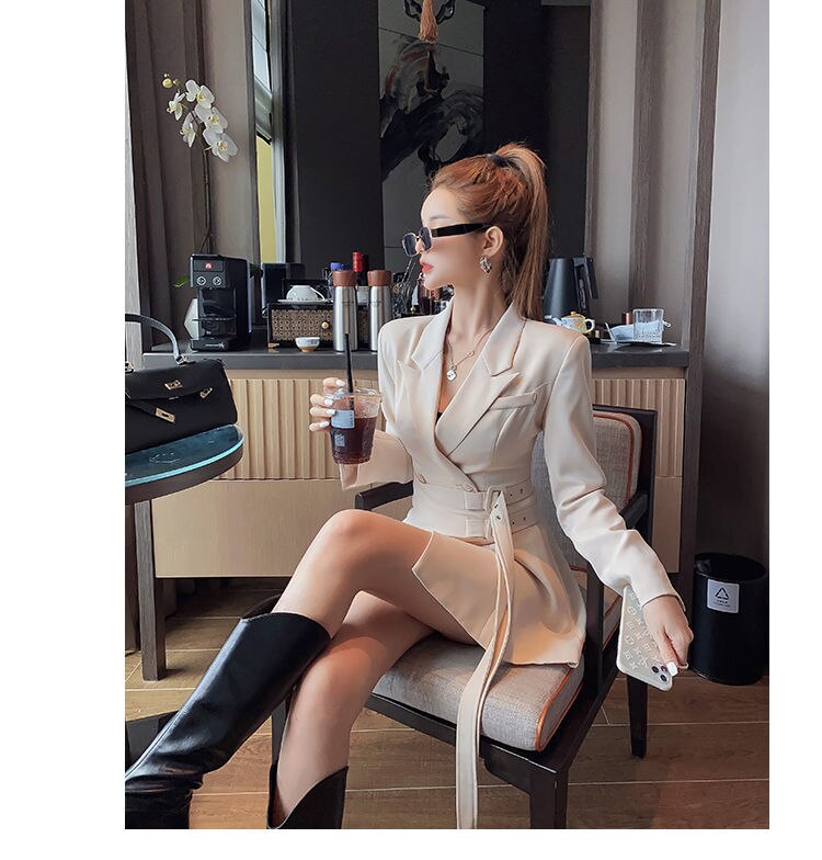 Long Sleeve Blazer Dress Female Mini Party Office Lady Elegant Dress Female One-piece Dress Korean Belt Winter New Style Dress