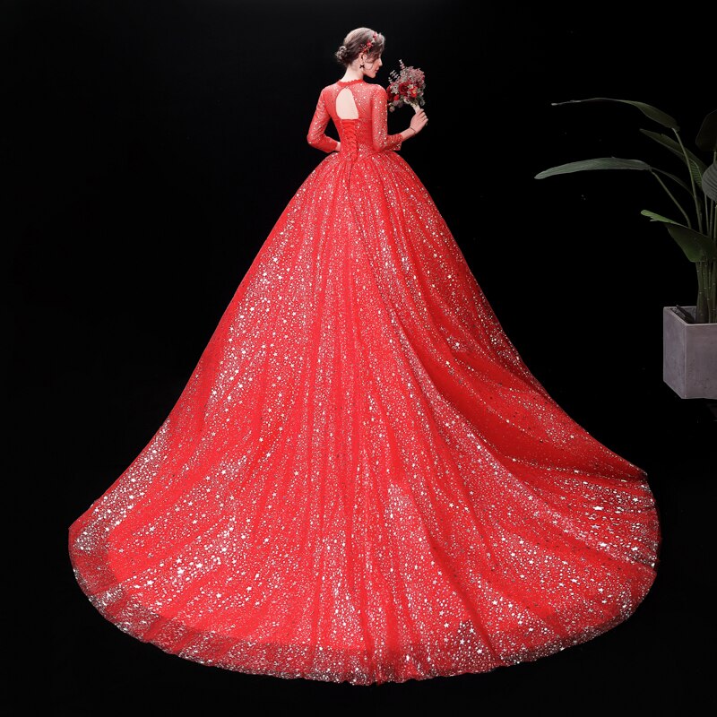 Wedding Dresses Illusion O-Neck Full Sequined Embroidery Tulle Lace Backless Luxury Red Train Vintage Women Bridal Gown FB609