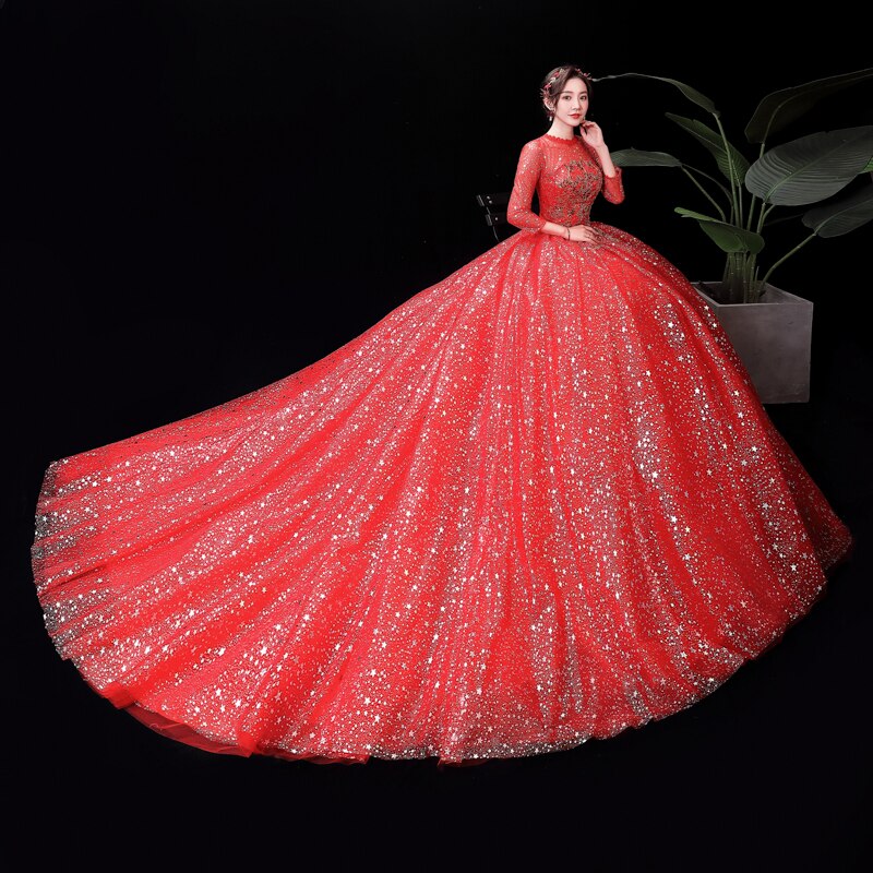 Wedding Dresses Illusion O-Neck Full Sequined Embroidery Tulle Lace Backless Luxury Red Train Vintage Women Bridal Gown FB609