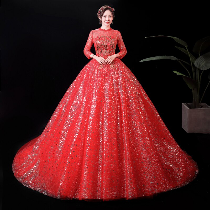 Wedding Dresses Illusion O-Neck Full Sequined Embroidery Tulle Lace Backless Luxury Red Train Vintage Women Bridal Gown FB609