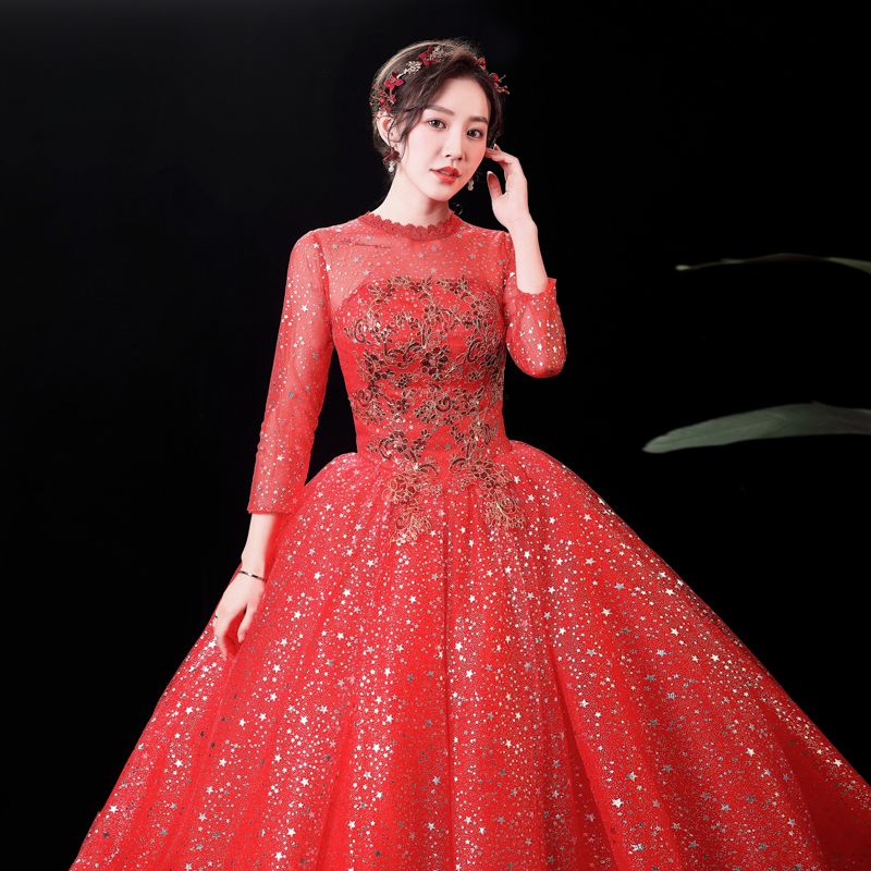 Wedding Dresses Illusion O-Neck Full Sequined Embroidery Tulle Lace Backless Luxury Red Train Vintage Women Bridal Gown FB609