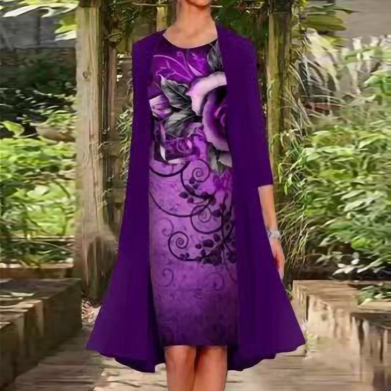 2 Piece Set Cardigan Mid Dress Elegant Woman Vintage Chic Pattern Print Loose Women Dress Casual O Neck Party Dresses Vestidos