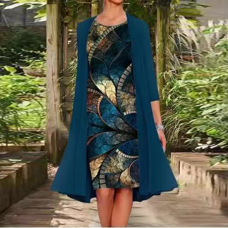 2 Piece Set Cardigan Mid Dress Elegant Woman Vintage Chic Pattern Print Loose Women Dress Casual O Neck Party Dresses Vestidos