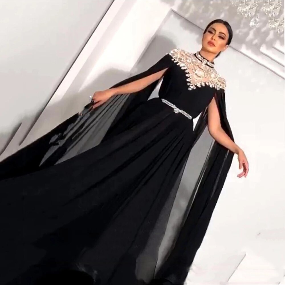 Muslim Shinny  High Neck Caped Crystals Evening Dresses 2022 Black Chiffon Dubai Arabic Long Formal Party Prom Dress