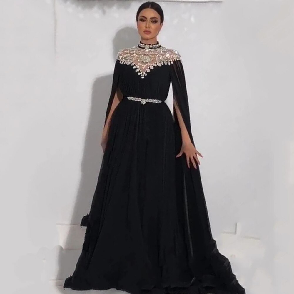 Muslim Shinny  High Neck Caped Crystals Evening Dresses 2022 Black Chiffon Dubai Arabic Long Formal Party Prom Dress