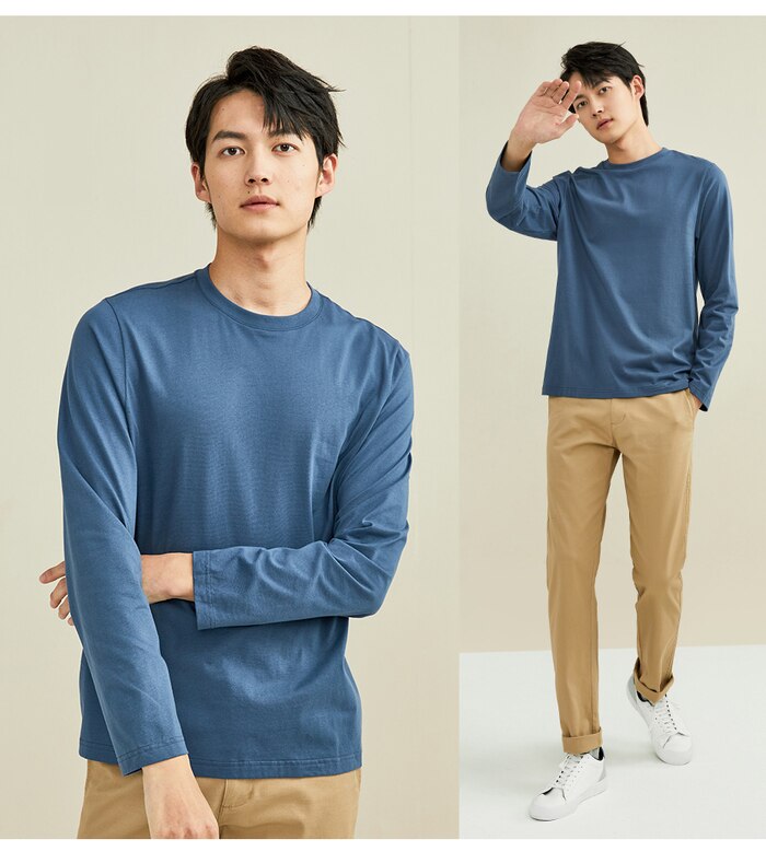 Giordano Men Tshirts 2Pcs Ribbed Crewneck Long-sleeve Tee Shirts 100% Cotton Soild Color Tee Shirts 18021604