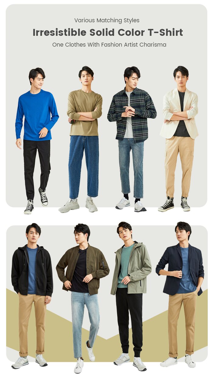 Giordano Men Tshirts 2Pcs Ribbed Crewneck Long-sleeve Tee Shirts 100% Cotton Soild Color Tee Shirts 18021604