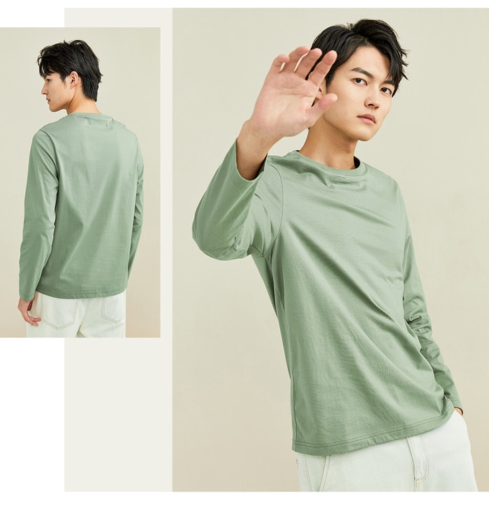 Giordano Men Tshirts 2Pcs Ribbed Crewneck Long-sleeve Tee Shirts 100% Cotton Soild Color Tee Shirts 18021604