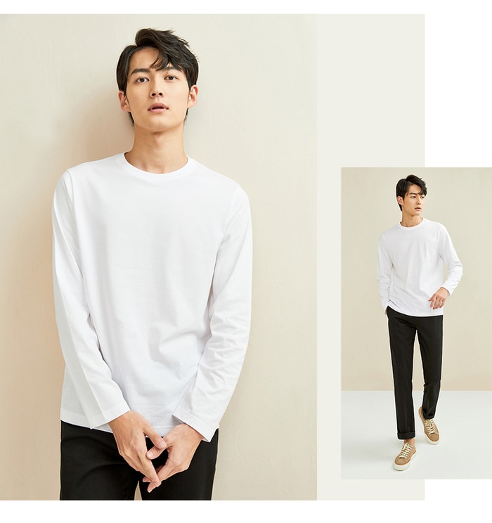 Giordano Men Tshirts 2Pcs Ribbed Crewneck Long-sleeve Tee Shirts 100% Cotton Soild Color Tee Shirts 18021604