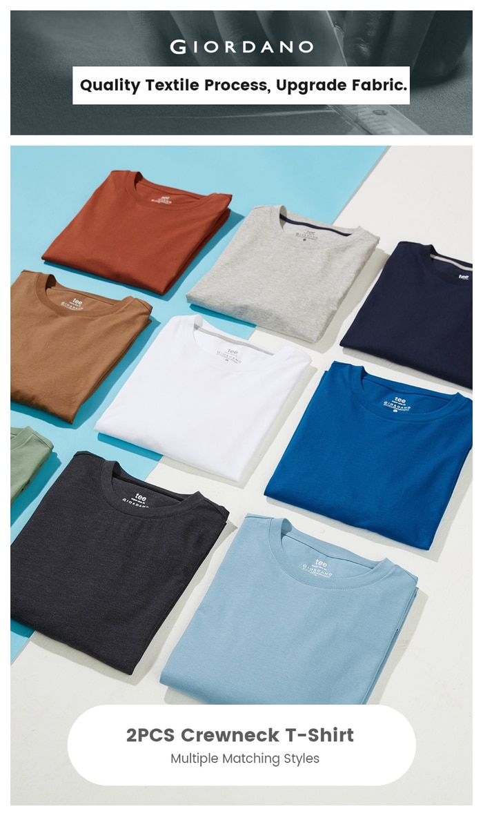 Giordano Men Tshirts 2Pcs Ribbed Crewneck Long-sleeve Tee Shirts 100% Cotton Soild Color Tee Shirts 18021604