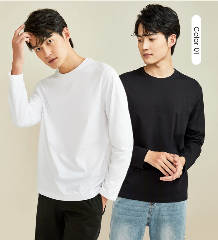 Giordano Men Tshirts 2Pcs Ribbed Crewneck Long-sleeve Tee Shirts 100% Cotton Soild Color Tee Shirts 18021604