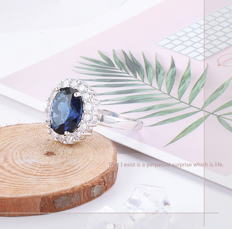 Original Certified Tibetan Silver Imitation Sapphire Ring For Women Trendy Jewelry Blue Zircon Flower Shaped Engagement Band